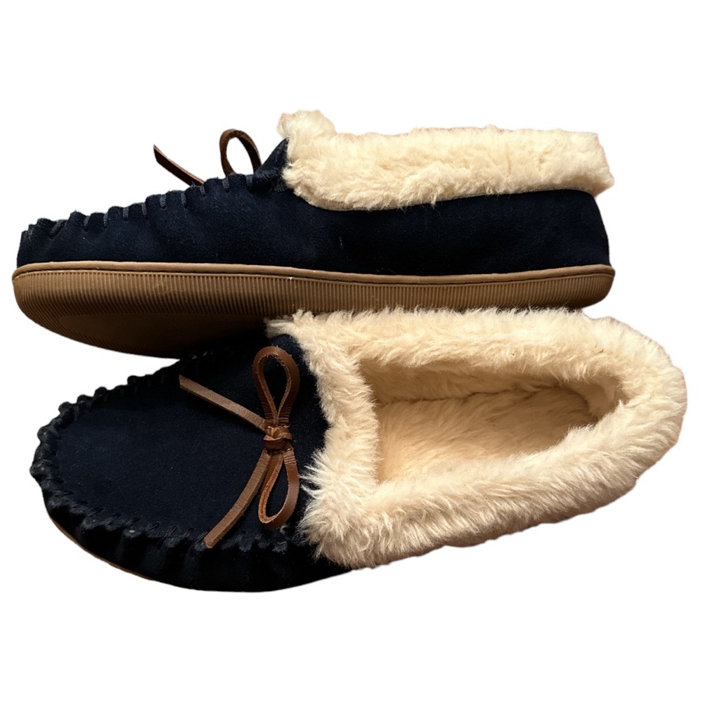 J Crew Ladies Lodge Moccasins Navy Size 9 with Faux-Shearling Lining